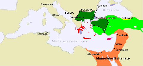 Det orange område viser Mameluk-sultanatet under Burji-dynastiet omkring 1389. Israel ung og ældgammel. Israel-Info