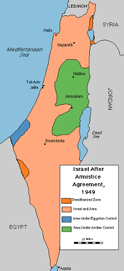 Kort over Israel efter våbenstilstandsaftalen 1949. Israel ung og ældgammel. Israel Info