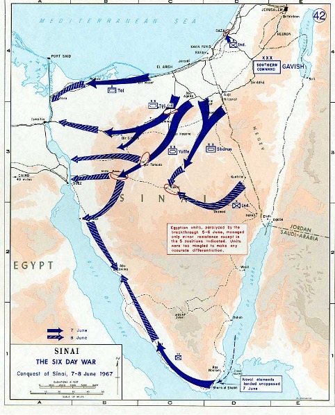 Kort over Sinai-halvøgen. Da krigen var forbi stod Israel igen langs Suez-kanalen